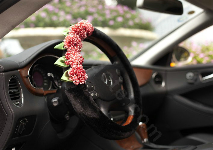 Auto Car Steering Wheel Cover Red Flowers Woolen Diameter 15 inch 38CM - Black