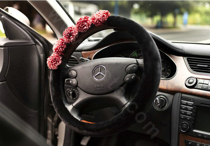 Auto Car Steering Wheel Cover Red Flowers Woolen Diameter 15 inch 38CM - Black