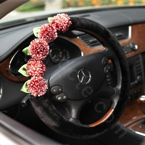 Auto Car Steering Wheel Cover Red Flowers Woolen Diameter 15 inch 38CM - Black