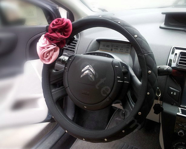 Auto Car Steering Wheel Cover Rose Flower Imitation sheepskin Diameter 15 inch 38CM - Black
