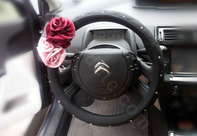 Auto Car Steering Wheel Cover Rose Flower Imitation sheepskin Diameter 15 inch 38CM - Black