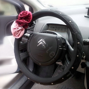 Auto Car Steering Wheel Cover Rose Flower Imitation sheepskin Diameter 15 inch 38CM - Black