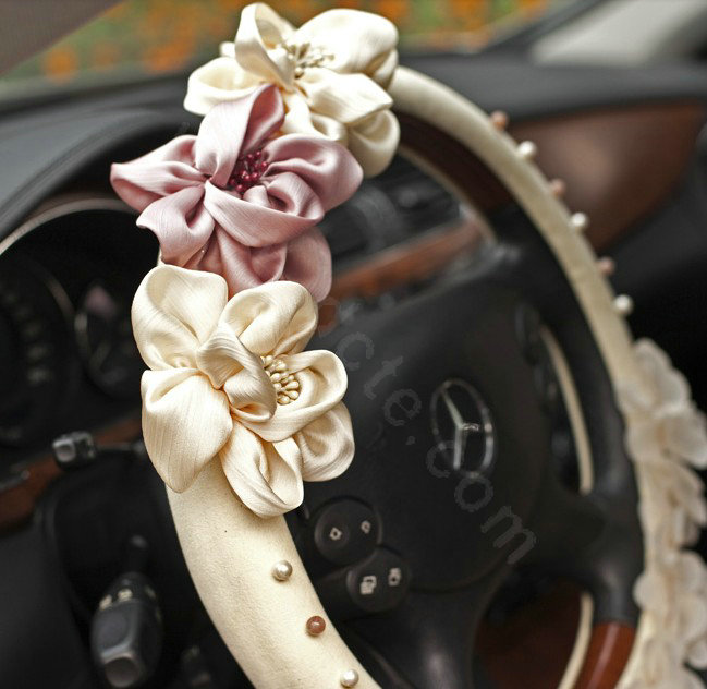 Auto Car Steering Wheel Cover Rose Pearl Deerskin Diameter 15 inch 38CM - Beige