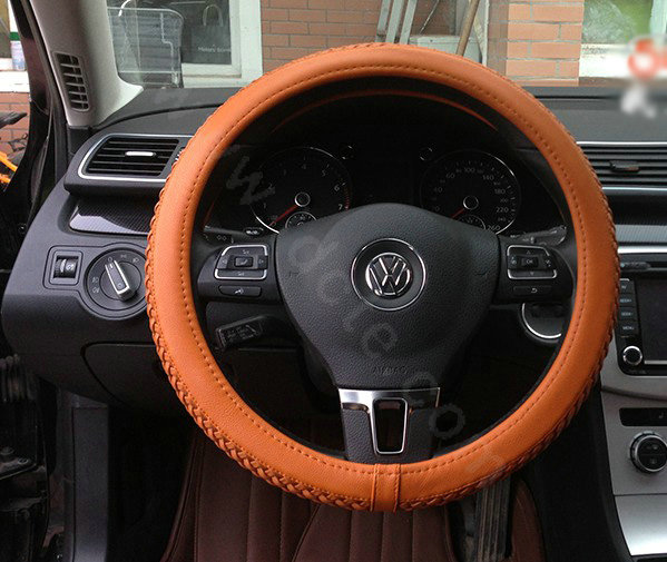 Auto Car Steering Wheel Cover Weave Microfiber leather Diameter 15 inch 38CM - Brown