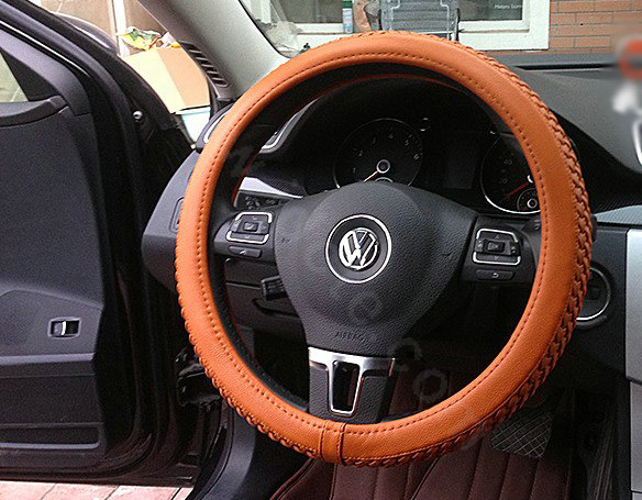 Auto Car Steering Wheel Cover Weave Microfiber leather Diameter 15 inch 38CM - Brown