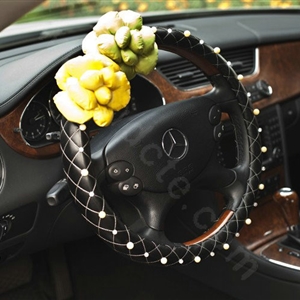 Auto Car Steering Wheel Cover Yellow Flower Pearl Cowhide Diameter 14 inch 36CM - Black