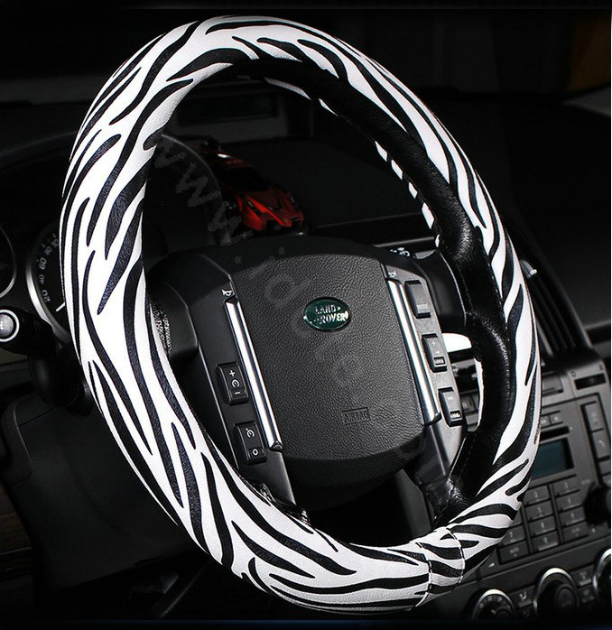 Auto Car Steering Wheel Cover Zebra PU leather Diameter 15 inch 38CM - Black White