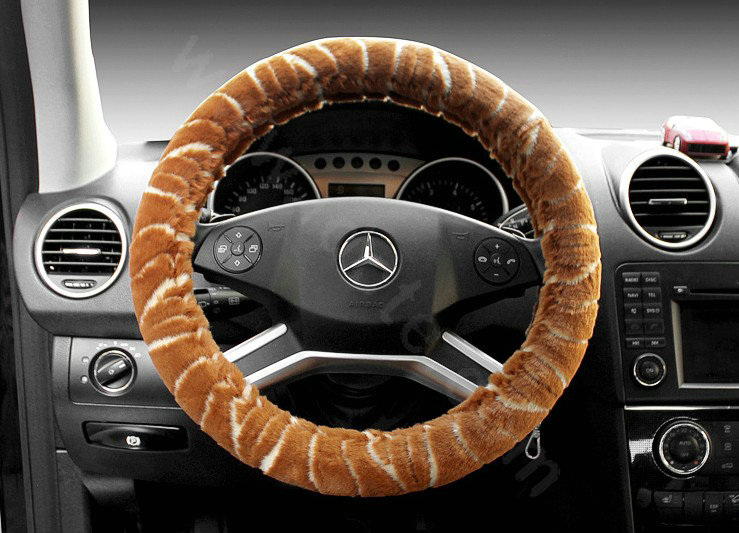 Auto Car Steering Wheel Cover Zebra Plush Diameter 15 inch 38CM - Brown