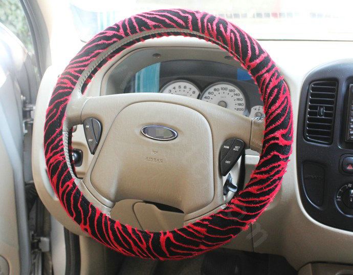 Auto Car Steering Wheel Cover Zebra Velvet Diameter 15 inch 38CM - Red Black