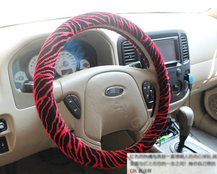 Auto Car Steering Wheel Cover Zebra Velvet Diameter 15 inch 38CM - Red Black