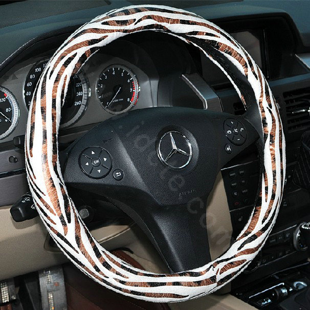 Auto Car Steering Wheel Cover Zebra Velvet Splice Diameter 15 inch 38CM - White