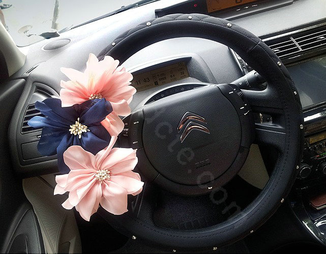 Auto Car Steering Wheel Cover blue Flower Imitation sheepskin Diameter 15 inch 38CM - Black