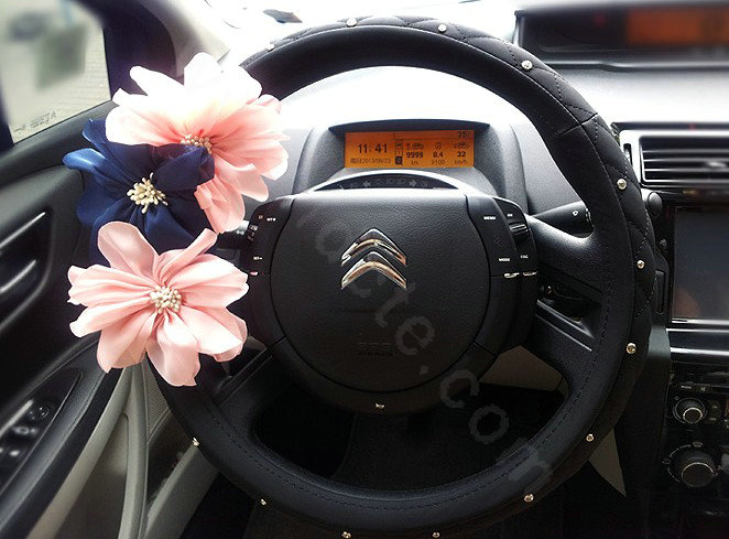 Auto Car Steering Wheel Cover blue Flower Imitation sheepskin Diameter 15 inch 38CM - Black