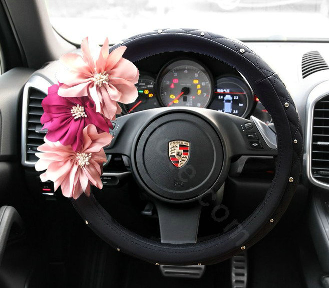 Auto Car Steering Wheel Cover pink Flower Imitation sheepskin Diameter 15 inch 38CM - Black