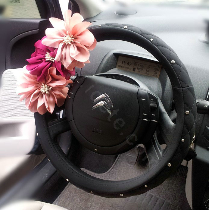 Auto Car Steering Wheel Cover pink Flower Imitation sheepskin Diameter 15 inch 38CM - Black