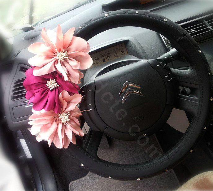 Auto Car Steering Wheel Cover pink Flower Imitation sheepskin Diameter 15 inch 38CM - Black