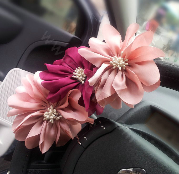 Auto Car Steering Wheel Cover pink Flower Imitation sheepskin Diameter 15 inch 38CM - Black