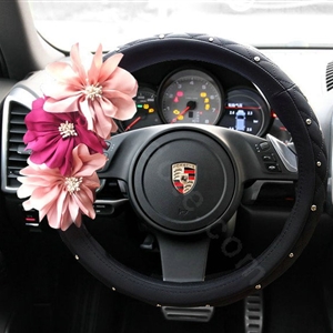 Auto Car Steering Wheel Cover pink Flower Imitation sheepskin Diameter 15 inch 38CM - Black