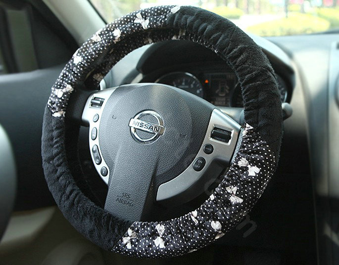 Retro Auto Car Steering Wheel Cover Bowknot Lace Plush Diameter 15 inch 38CM - Black
