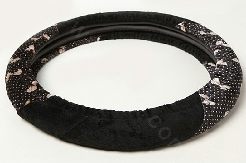 Retro Auto Car Steering Wheel Cover Bowknot Lace Plush Diameter 15 inch 38CM - Black