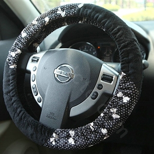 Retro Auto Car Steering Wheel Cover Bowknot Lace Plush Diameter 15 inch 38CM - Black