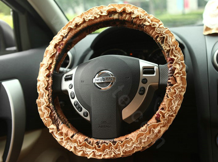 Retro Auto Car Steering Wheel Cover Floral Lace Cotton Diameter 15 inch 38CM - Brown