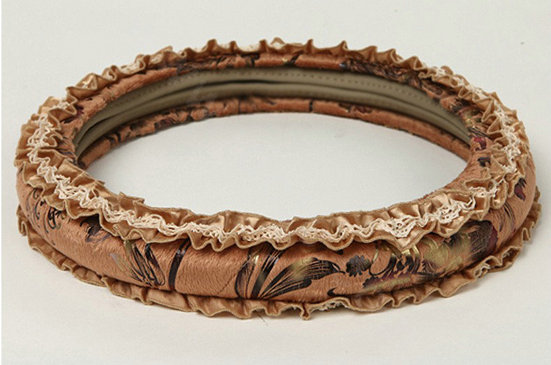 Retro Auto Car Steering Wheel Cover Floral Lace Cotton Diameter 15 inch 38CM - Brown