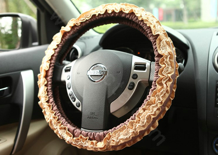 Retro Auto Car Steering Wheel Cover Floral Lace Cotton Diameter 15 inch 38CM - Coffee