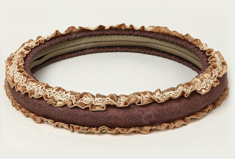 Retro Auto Car Steering Wheel Cover Floral Lace Cotton Diameter 15 inch 38CM - Coffee