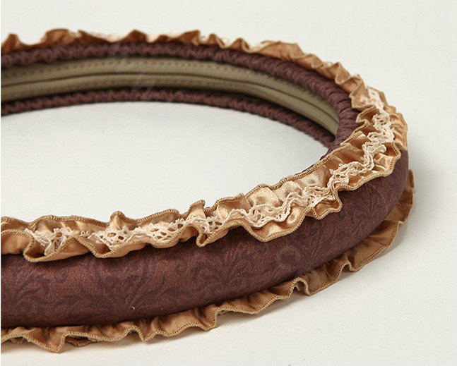 Retro Auto Car Steering Wheel Cover Floral Lace Cotton Diameter 15 inch 38CM - Coffee