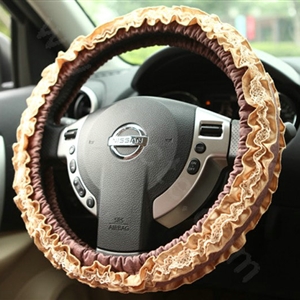 Retro Auto Car Steering Wheel Cover Floral Lace Cotton Diameter 15 inch 38CM - Coffee