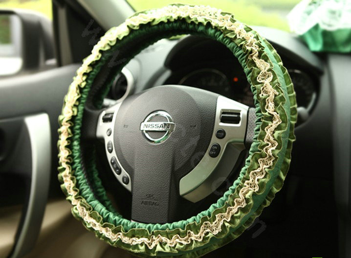 Retro Auto Car Steering Wheel Cover Floral Lace Cotton Diameter 15 inch 38CM - Green