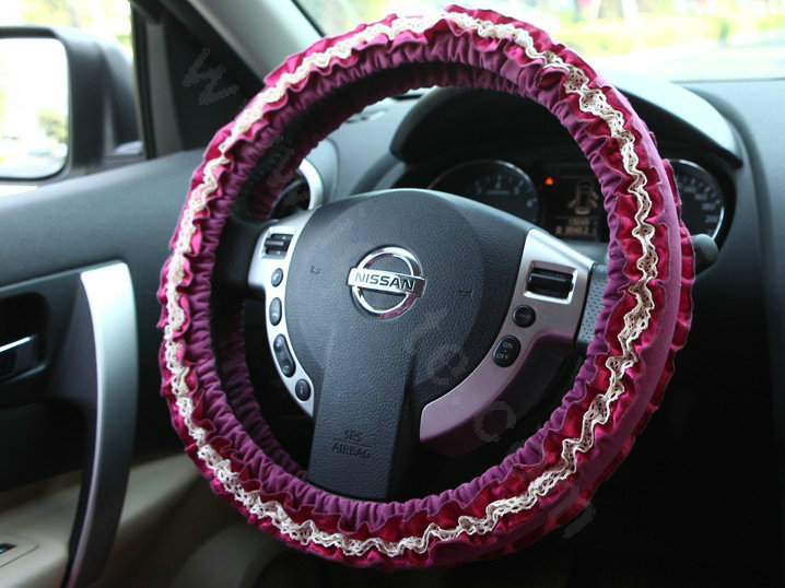 Retro Auto Car Steering Wheel Cover Floral Lace Cotton Diameter 15 inch 38CM - Purple Rose