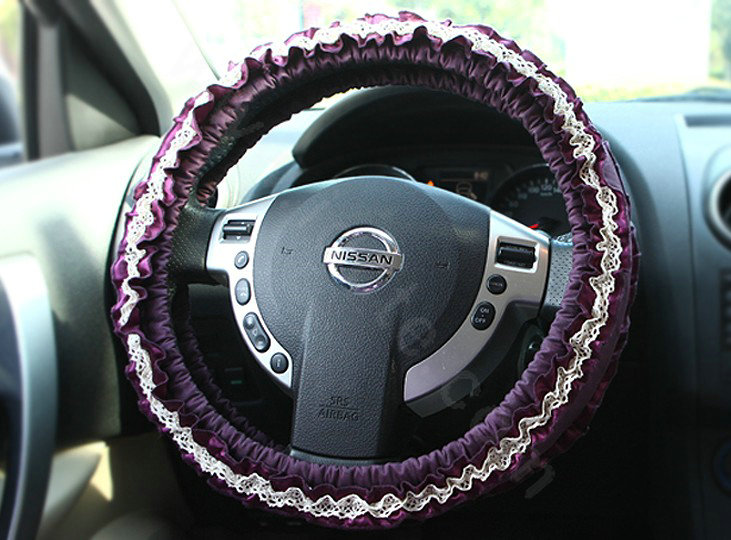 Retro Auto Car Steering Wheel Cover Floral Lace Cotton Diameter 15 inch 38CM - Purple