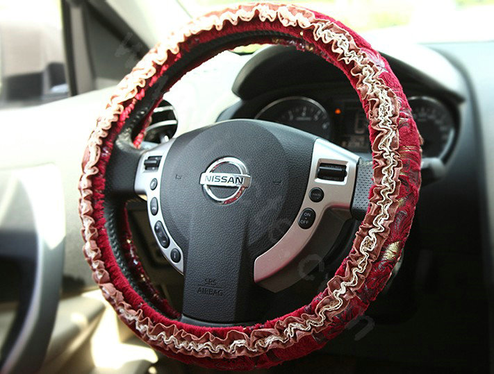 Retro Auto Car Steering Wheel Cover Floral Lace Cotton Diameter 15 inch 38CM - Red