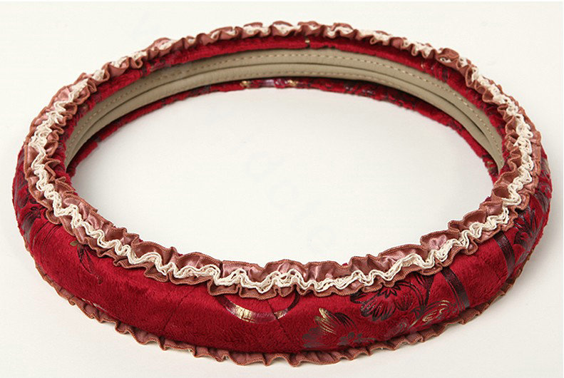 Retro Auto Car Steering Wheel Cover Floral Lace Cotton Diameter 15 inch 38CM - Red