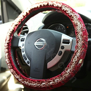 Retro Auto Car Steering Wheel Cover Floral Lace Cotton Diameter 15 inch 38CM - Red