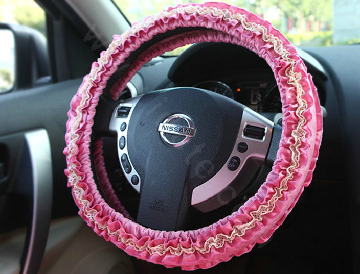 Retro Auto Car Steering Wheel Cover Floral Lace Cotton Diameter 15 inch 38CM - Rose