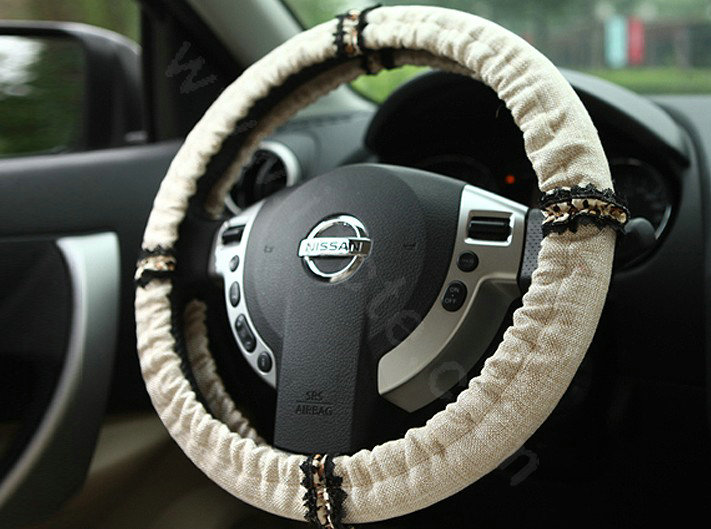 Retro Auto Car Steering Wheel Cover Lace Plush Diameter 15 inch 38CM - Light Brown