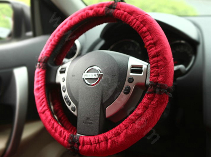 Retro Auto Car Steering Wheel Cover Lace Plush Diameter 15 inch 38CM - Red