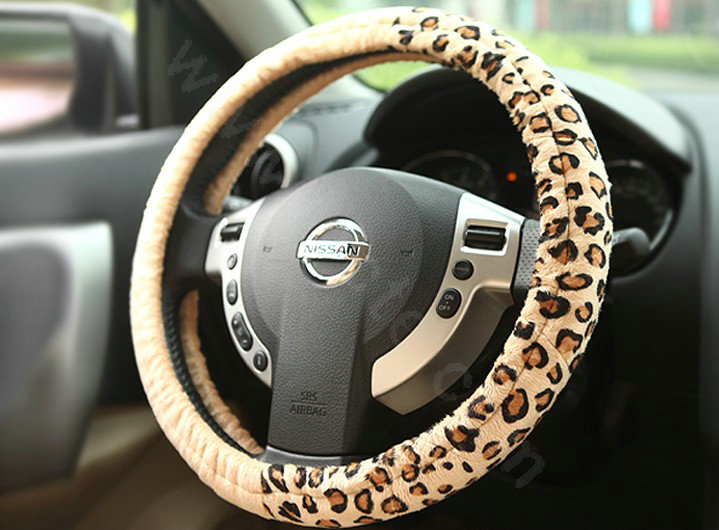 Retro Auto Car Steering Wheel Cover Leopard Lace Plush Diameter 15 inch 38CM - Beige