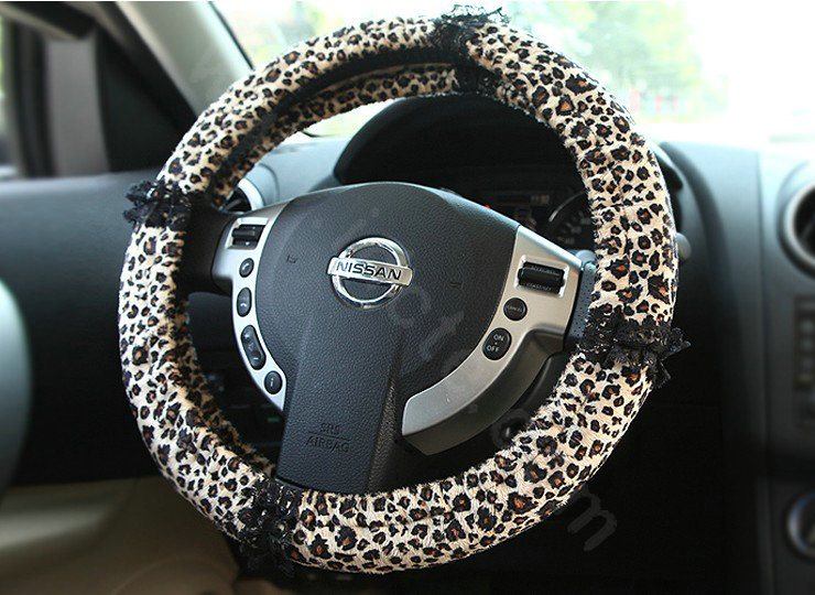Retro Auto Car Steering Wheel Cover Leopard Lace Plush Diameter 15 inch 38CM - Black