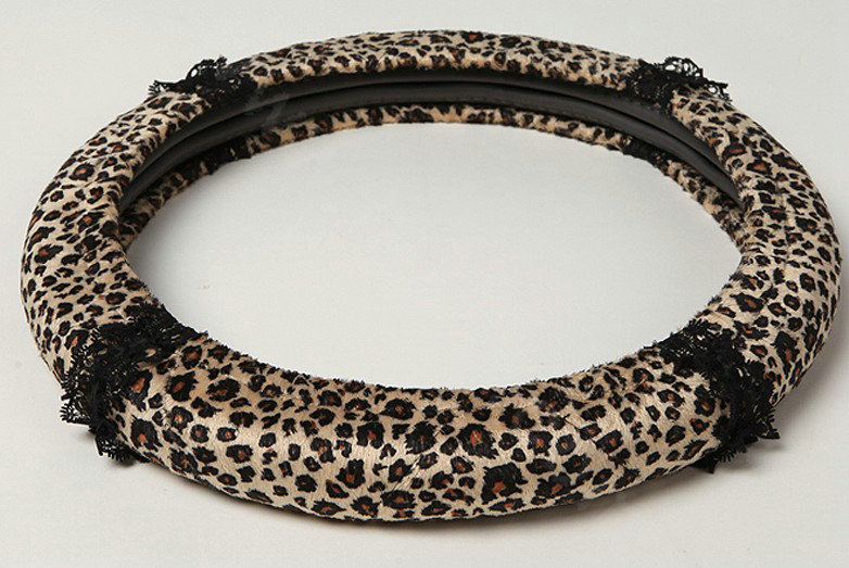 Retro Auto Car Steering Wheel Cover Leopard Lace Plush Diameter 15 inch 38CM - Black