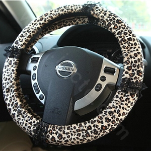 Retro Auto Car Steering Wheel Cover Leopard Lace Plush Diameter 15 inch 38CM - Black
