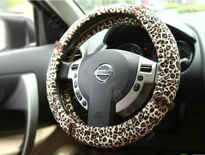 Retro Auto Car Steering Wheel Cover Leopard Lace Plush Diameter 15 inch 38CM - Brown