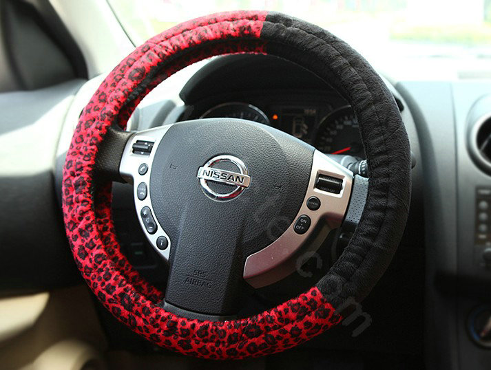 Retro Auto Car Steering Wheel Cover Leopard Lace Plush Diameter 15 inch 38CM - Red Black