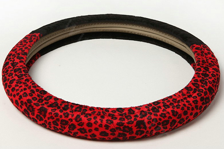 Retro Auto Car Steering Wheel Cover Leopard Lace Plush Diameter 15 inch 38CM - Red Black