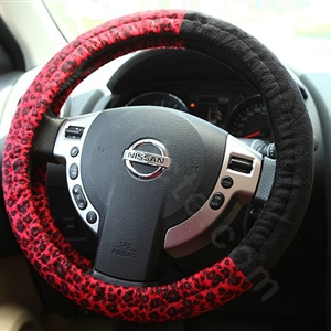 Retro Auto Car Steering Wheel Cover Leopard Lace Plush Diameter 15 inch 38CM - Red Black