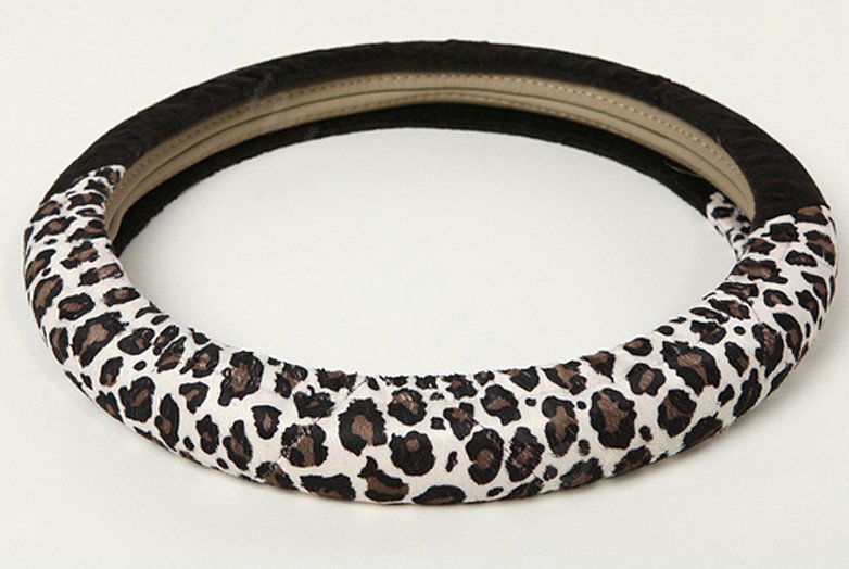 Retro Auto Car Steering Wheel Cover Leopard Lace Plush Diameter 15 inch 38CM - White Black