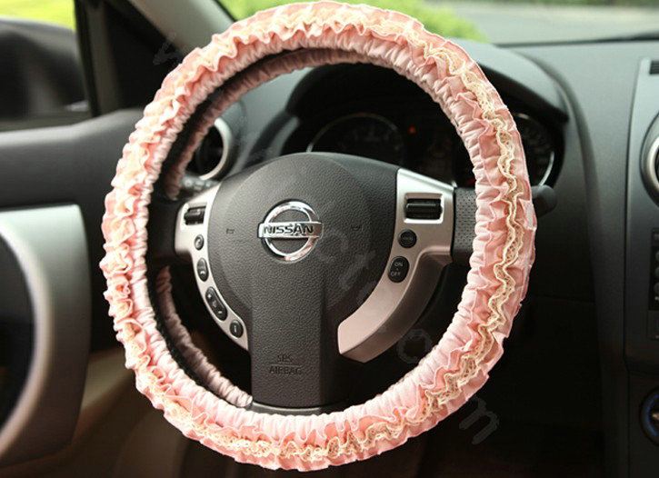 Retro Auto Car Steering Wheel Cover Rose Lace Cotton Diameter 15 inch 38CM - Pink